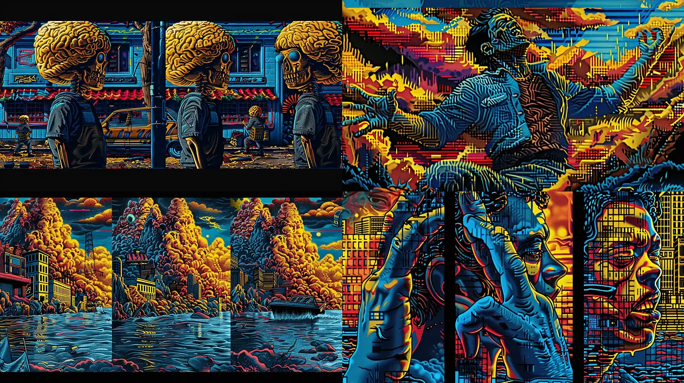 Neon Dystopic Dreamscape: A Vivid Synthesis of Cyberpunk and Psychedelic Art - Midjourney sref style