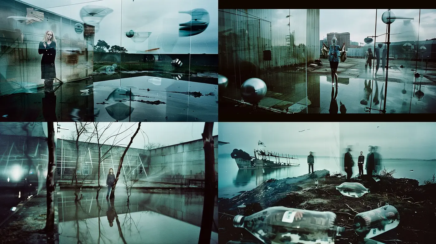 Moody Cinematic Dystopia: A Fusion of Reflective Surfaces and Solemn Ambiance - Midjourney sref style