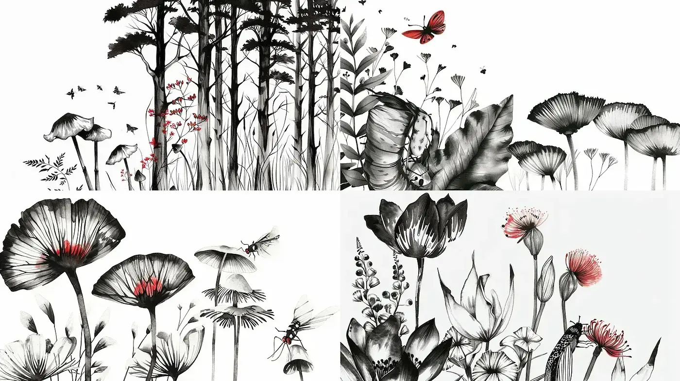 Ethereal Monochrome Botanicals with Vivid Accents - Midjourney sref style