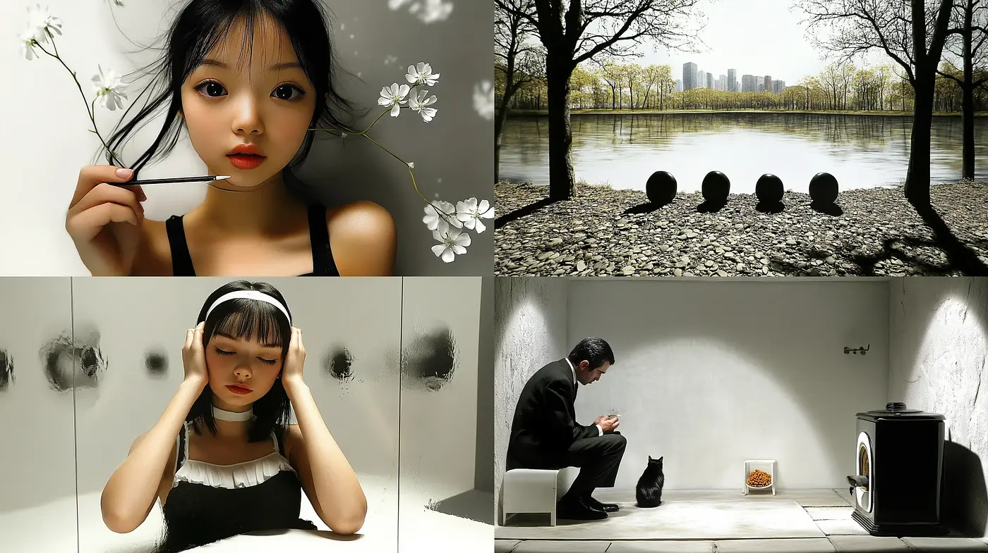 Sombre Elegance: A Study in Monochromatic Harmony and Delicate Detail - Midjourney sref style