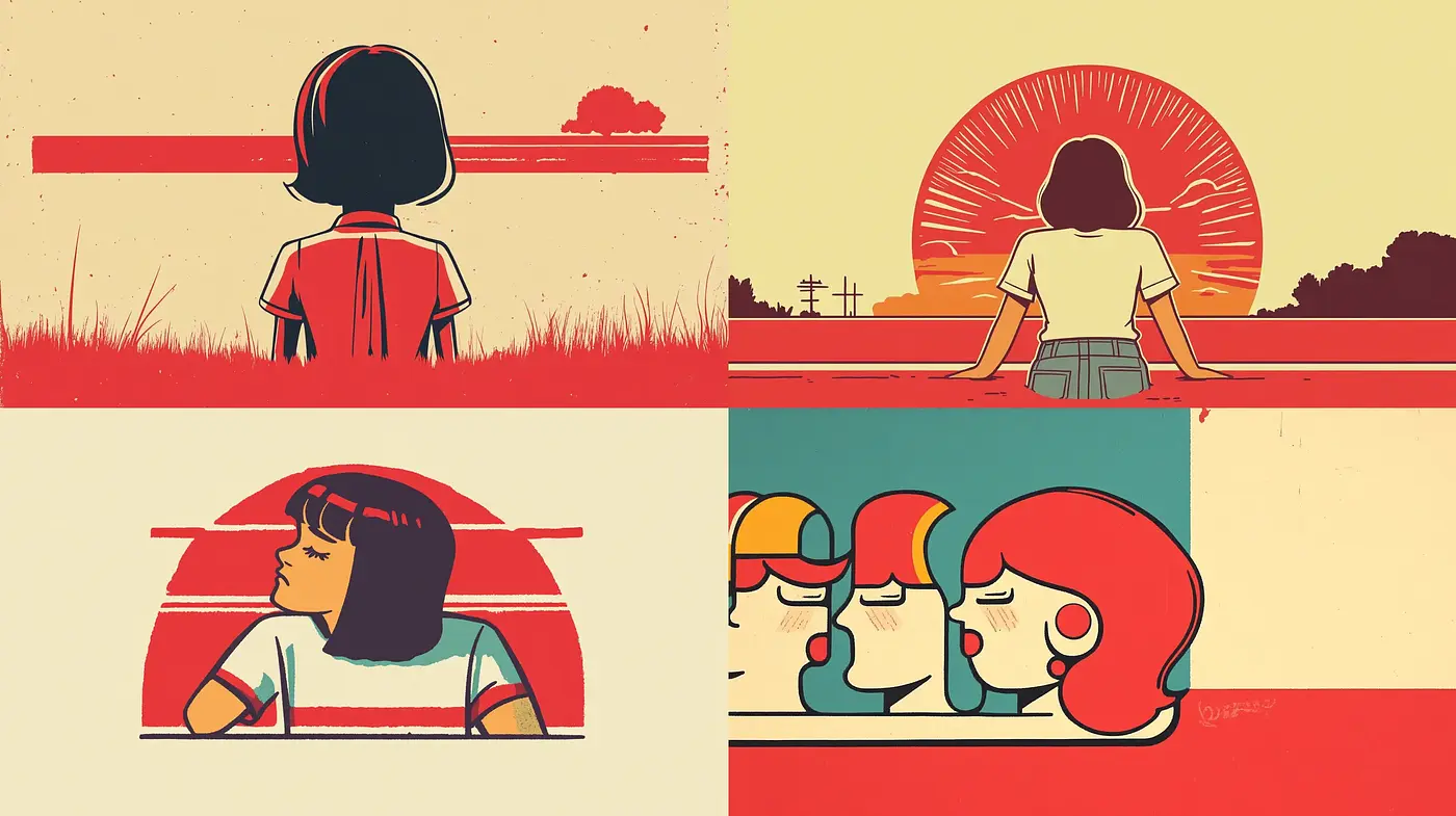 Warm Retro Sunset Vignettes with Graphic Novel Flair - Midjourney sref style