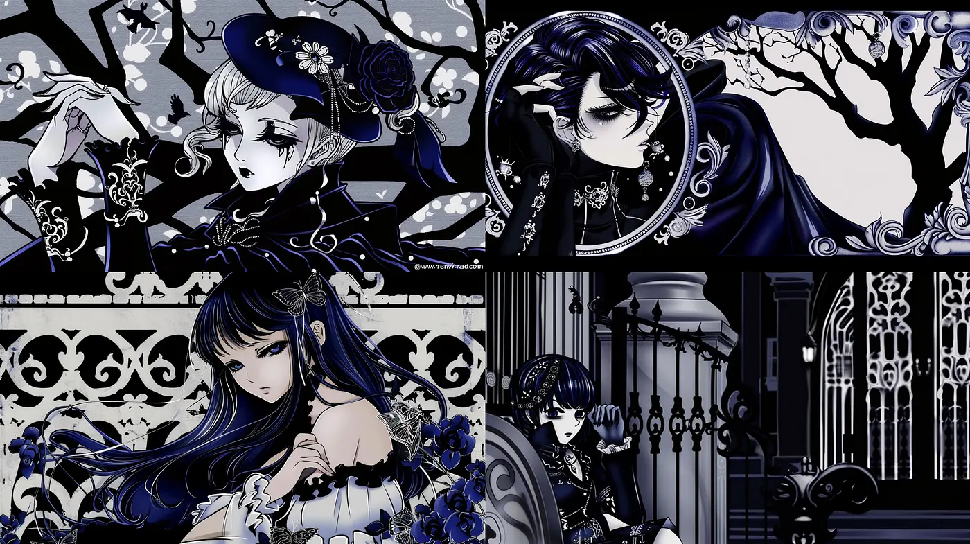 Monochromatic Elegance: A Symphony of Blues and Blacks in Illustrative Art - Midjourney sref style