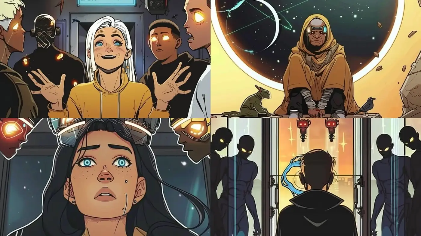 Futuristic Graphic Novel Visions with Luminous Palette - Midjourney sref style