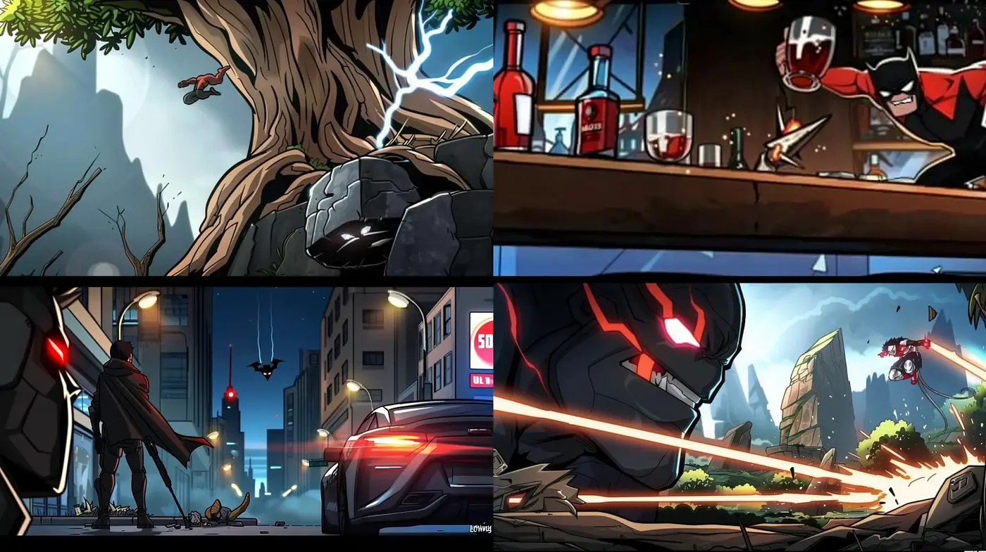 Dynamic Comic-Inspired Futuristic Visuals with a Contrasted Palette - Midjourney sref style