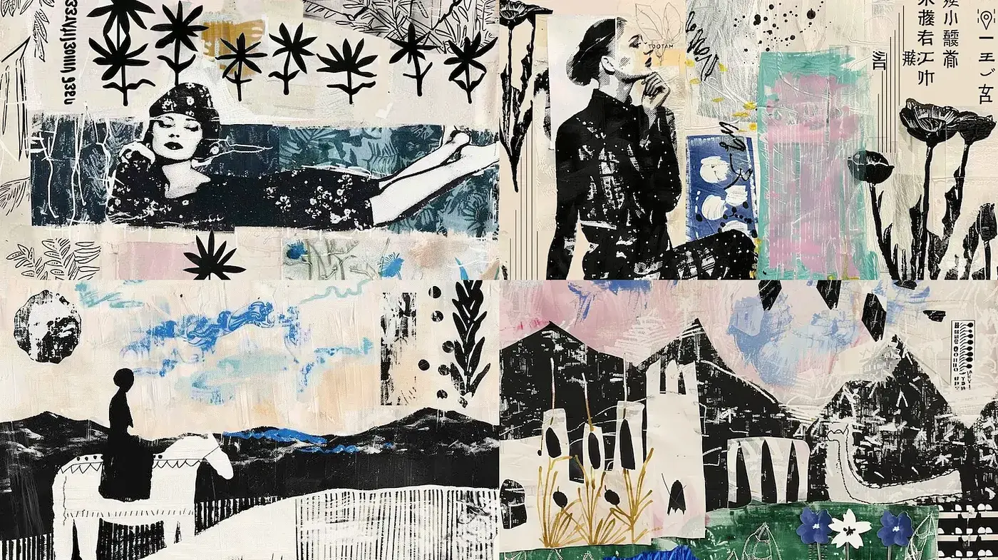 Eclectic Mixed Media Collage with Strong Graphic Elements - Midjourney sref style