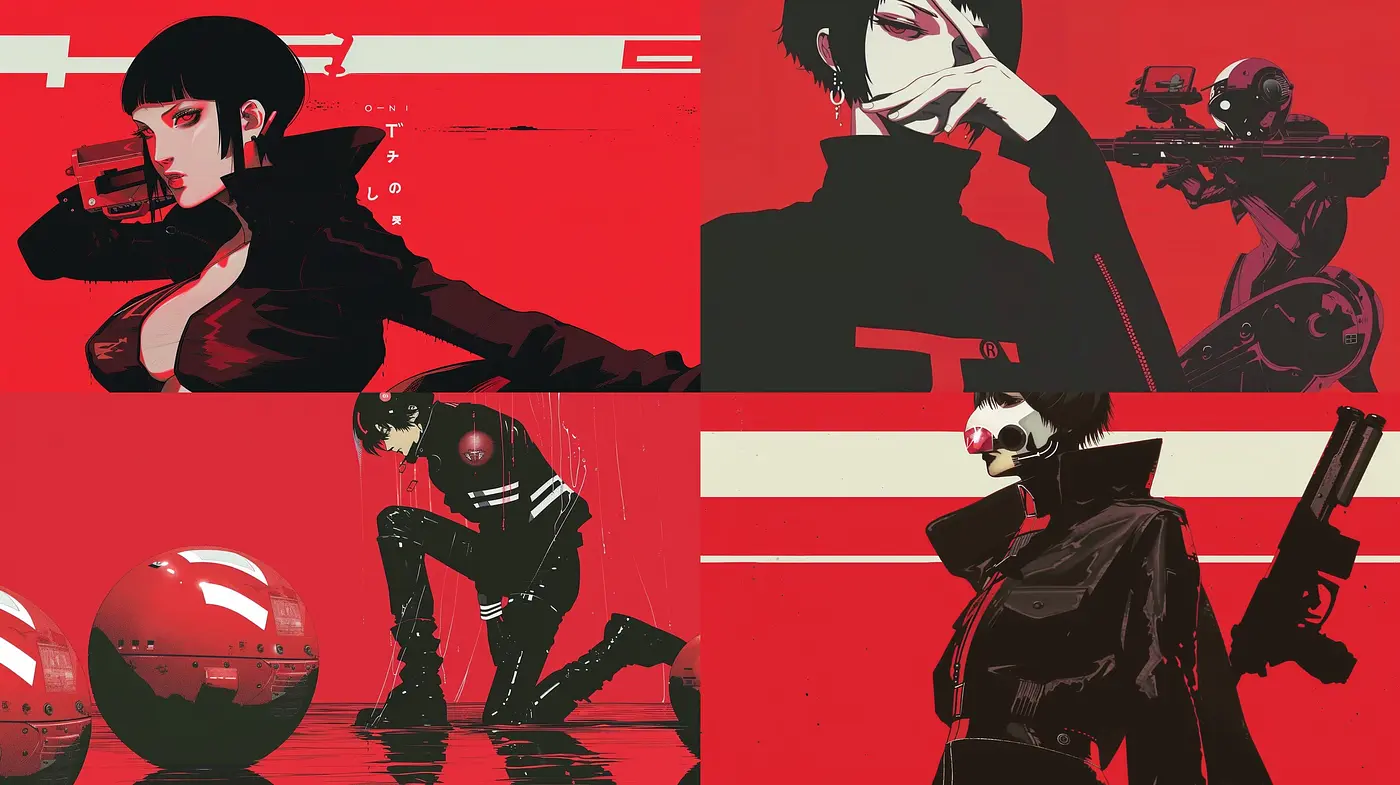 Crimson Noir Palette in Stylized Dynamic Poses - Midjourney sref style