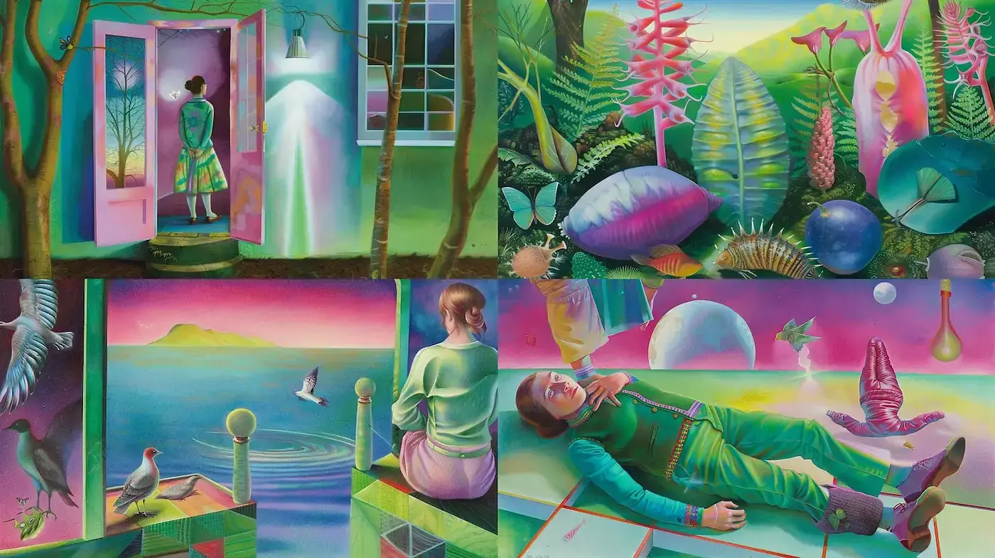 Dreamy surrealism with vibrant nature elements and a whimsical atmosphere - Midjourney sref style