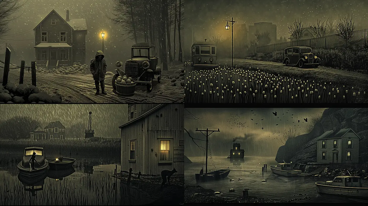 Melancholic Twilight Sepia-Toned Scenes - Midjourney sref style