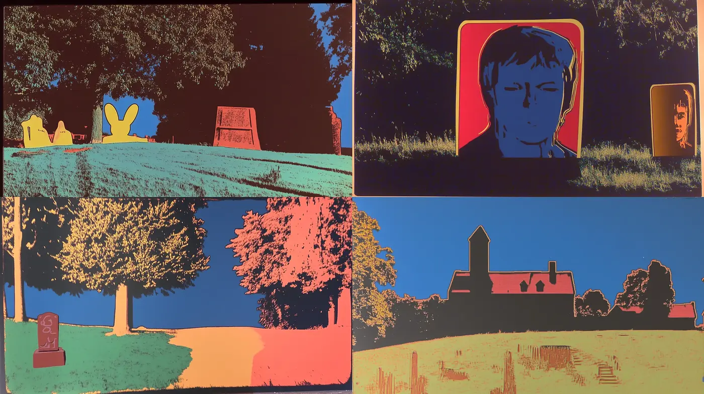 Vibrant Pop Art Homage with Silhouetted Landscapes and Bold Contrast - Midjourney sref style