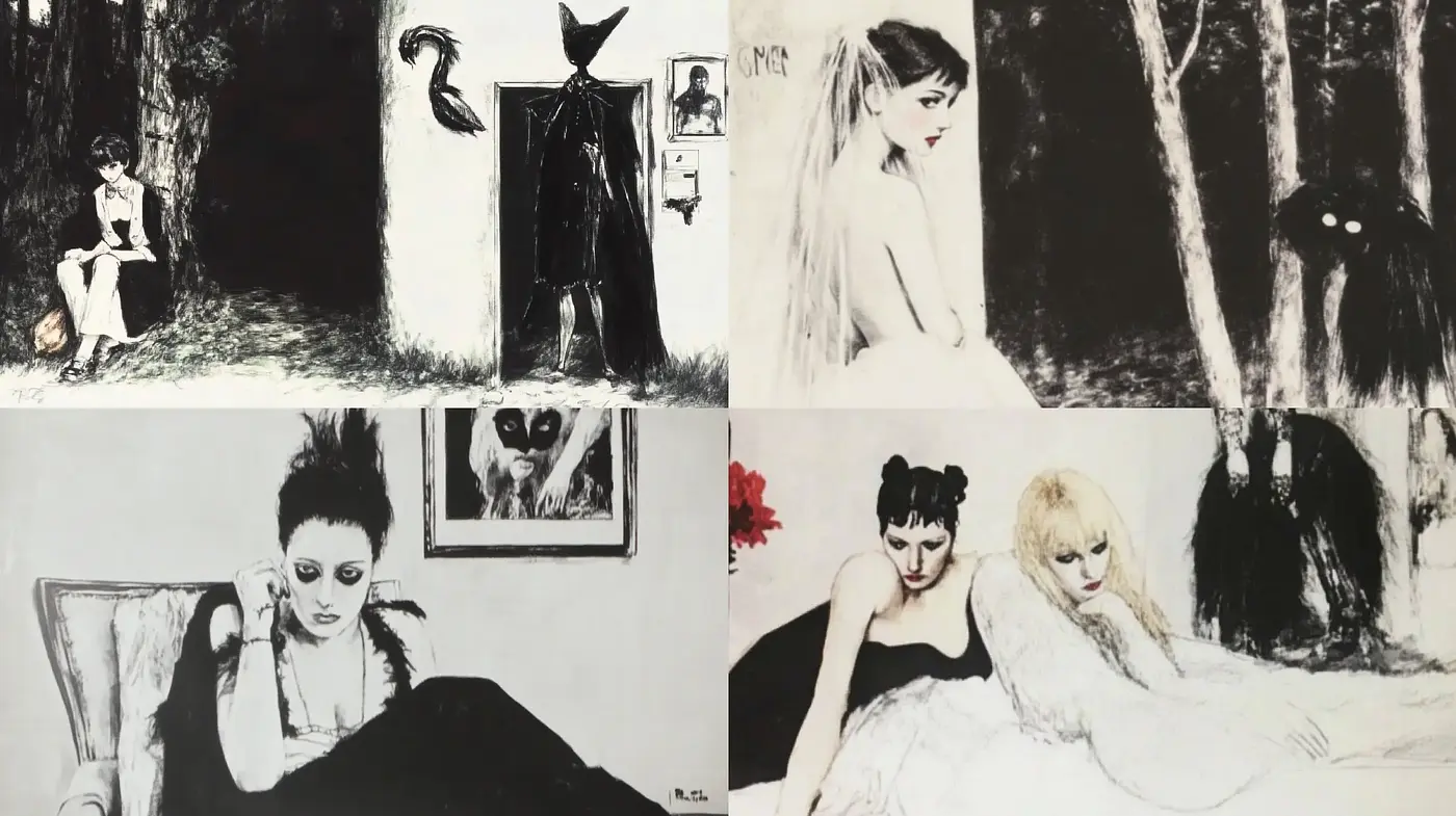 Monochromatic Gothic Storybook Fusion - Midjourney sref style
