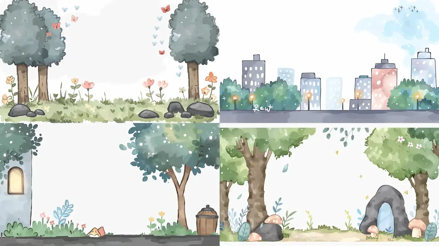 Charming and whimsical watercolor scenes with consistent natural elements - Midjourney sref style