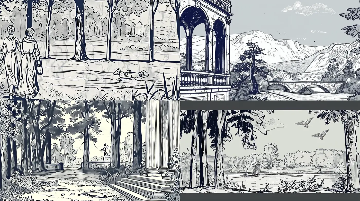 Elegant Monochromatic Line Art Renderings of Natural and Architectural Settings - Midjourney sref style