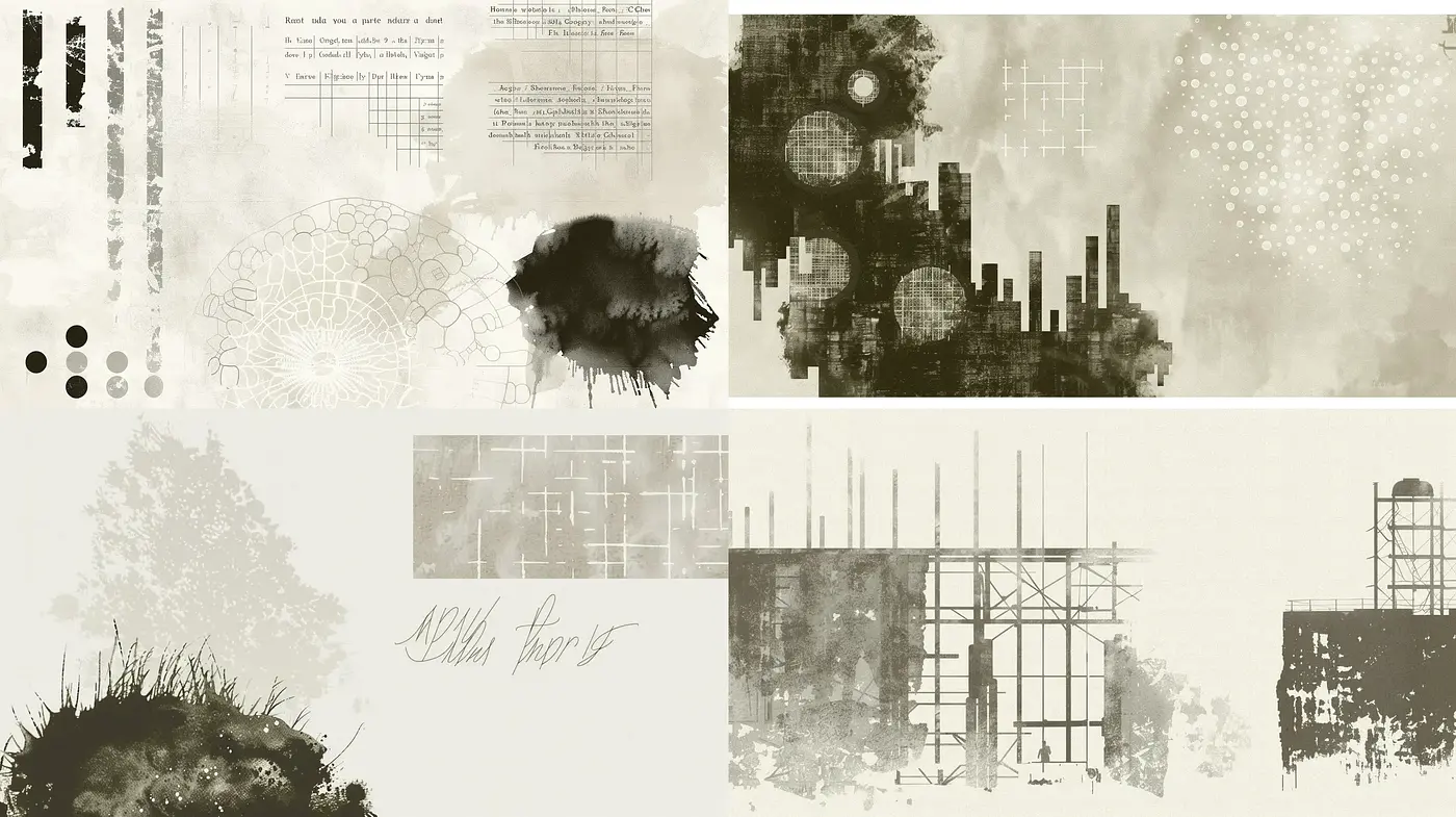 Monochromatic Architectural Impressions with Abstract Expressionist Undertones - Midjourney sref style