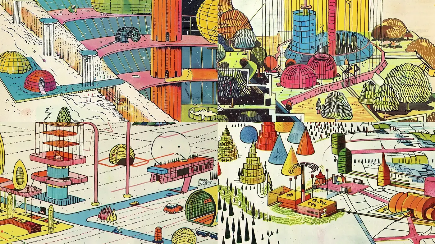 Futuristic and Playful Geometric Landscapes with Vibrant Color Accents - Midjourney sref style