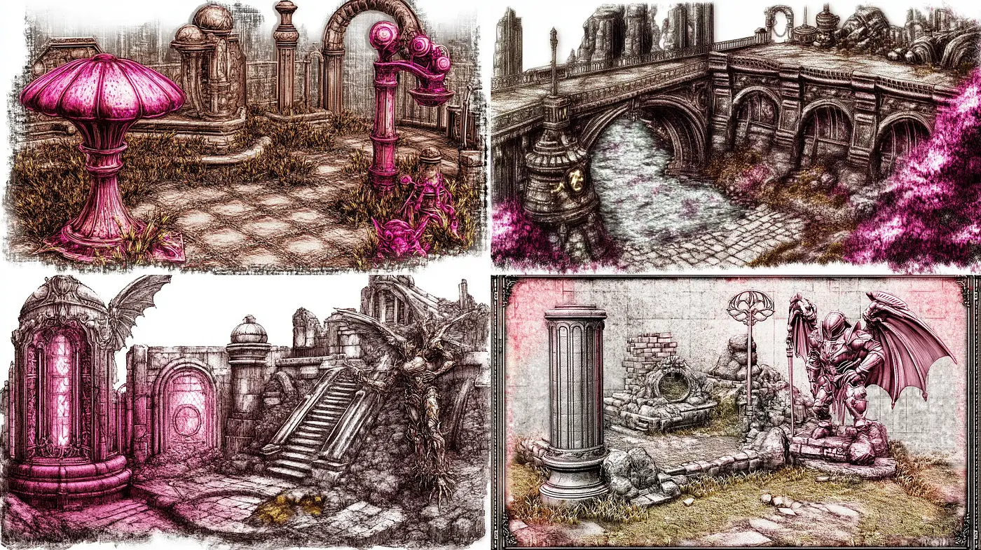 Ethereal Ruins in Hatched Ink Crosshatching Technique - Midjourney sref style
