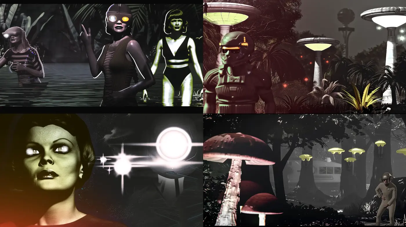 Monochromatic Twilight Sci-Fi Tableau - Midjourney sref style
