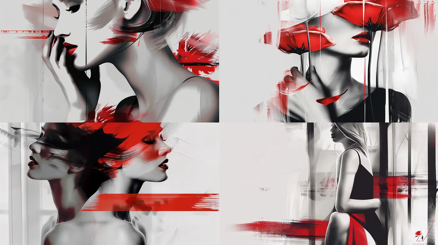 Monochromatic Elegance with Red Accents and Abstract Brushstrokes - Midjourney sref style