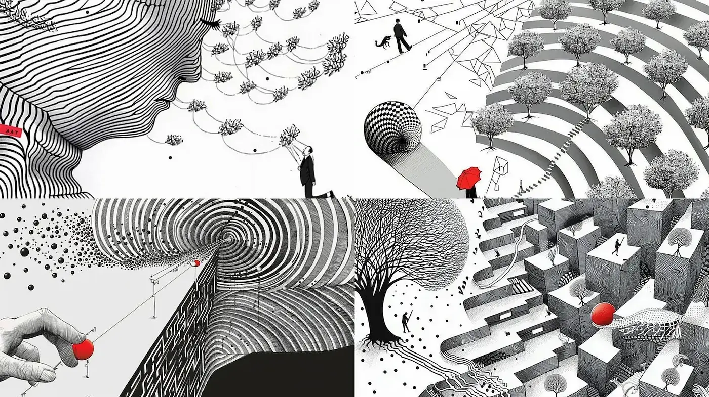 Intricate Black and White Illustrations with a Touch of Whimsy - Midjourney sref style