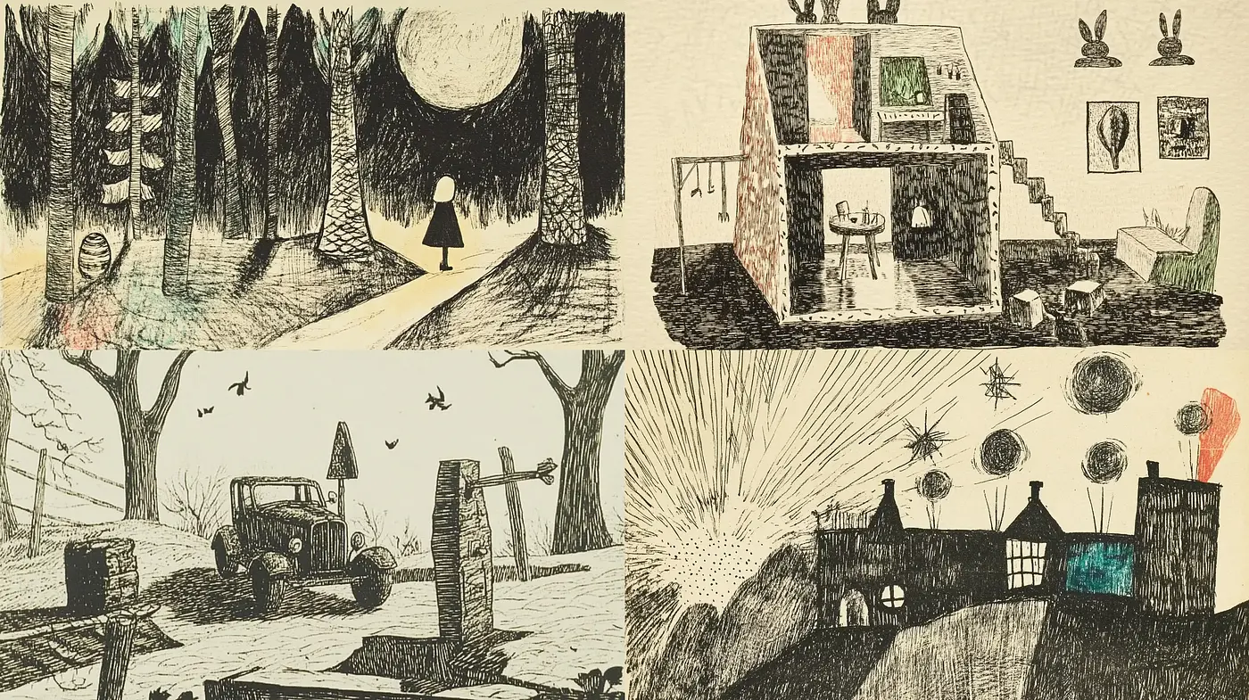 Crosshatch and Ink Wash Fusion in Monochrome Storybook Imagery - Midjourney sref style