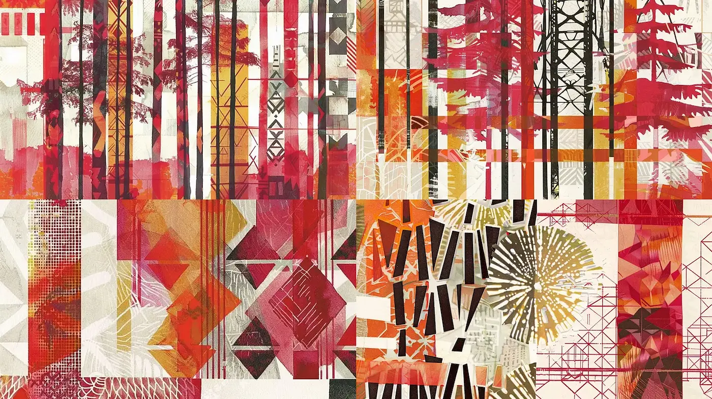 Abstract Geometric Collage with Vintage Nostalgia and Organic Elements - Midjourney sref style