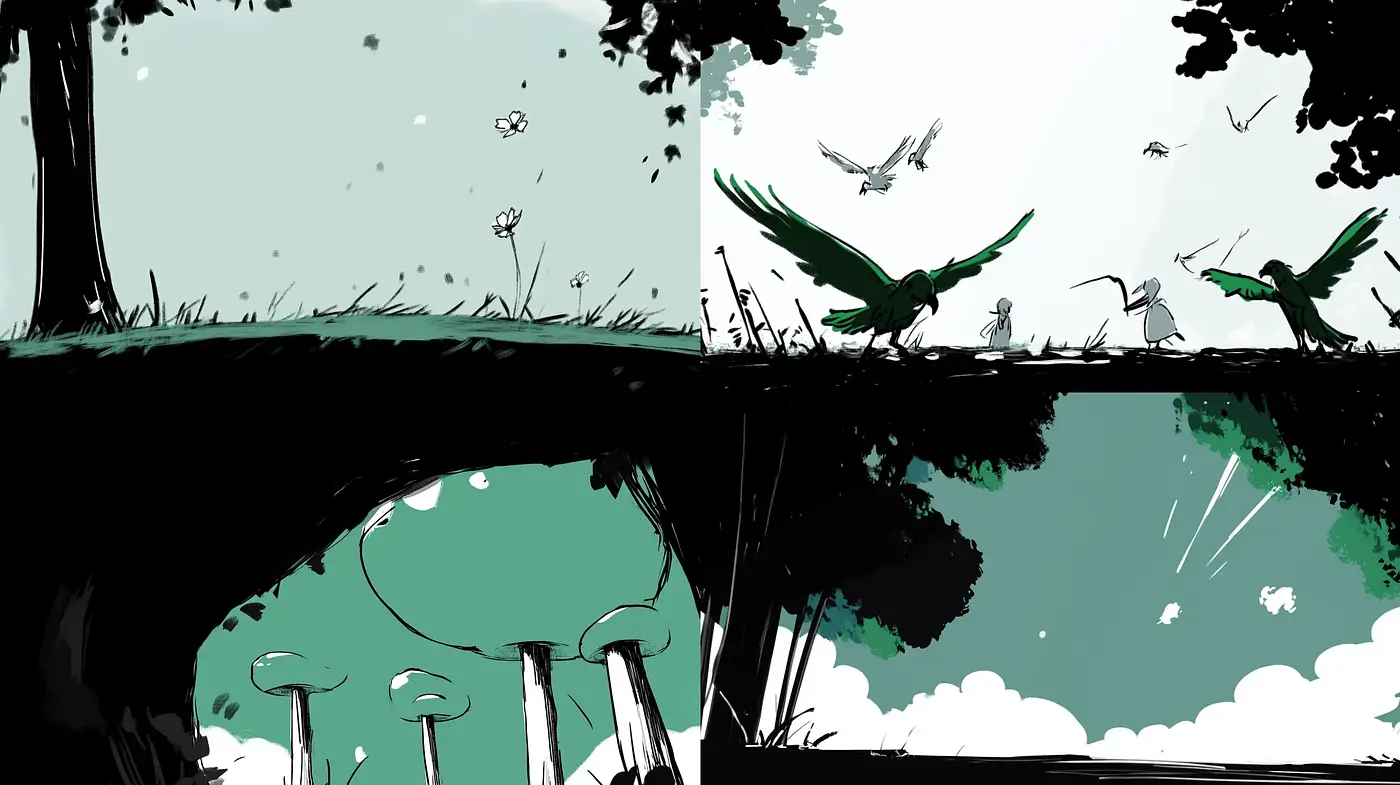 Stylized Nature's Whimsy in Monochromatic Hues with Vibrant Accents - Midjourney sref style