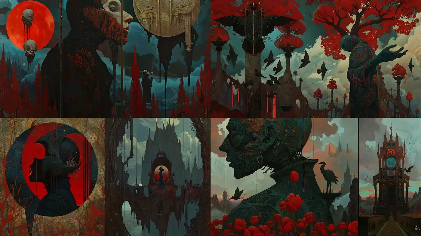 Eerie and Surreal Atmospheric Art with Dark Fantastical Elements - Midjourney sref style