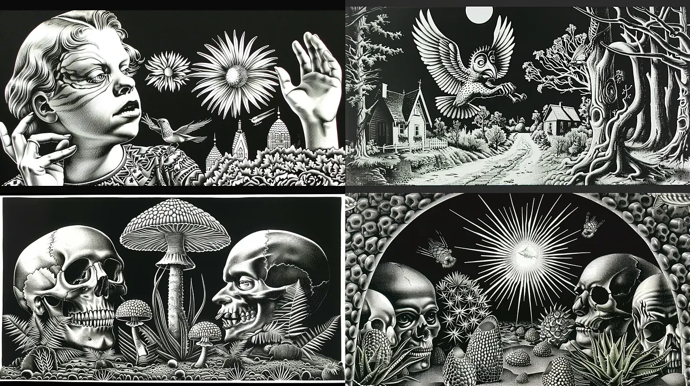 Surreal Dreamscape with Monochromatic Vintage Elegance - Midjourney sref style