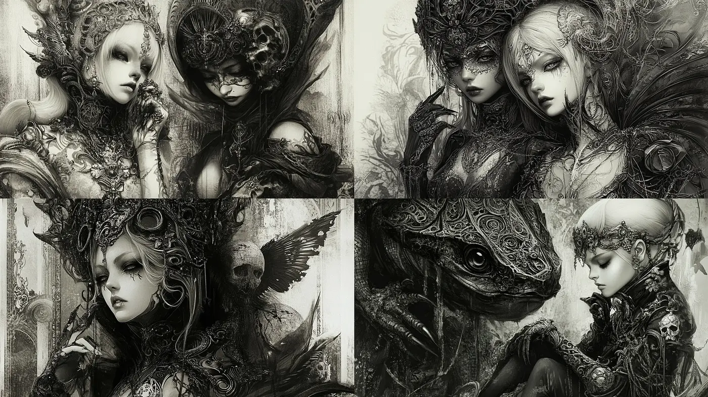 Monochromatic Gothic Intricacy: A Dance of Shades and Textures - Midjourney sref style