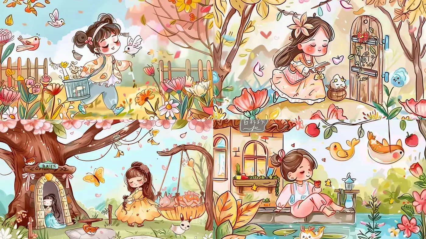 Charming whimsical illustrations with a nostalgic and enchanting atmosphere - Midjourney sref style