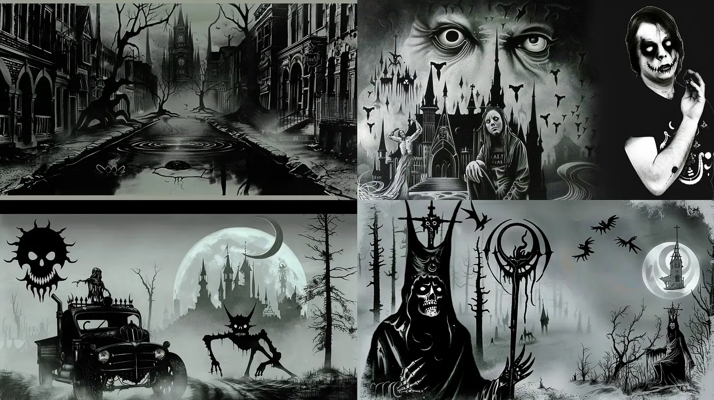 Gothic Nocturne: Monochromatic Tales of Eerie Whispers and Dark Mystique - Midjourney sref style