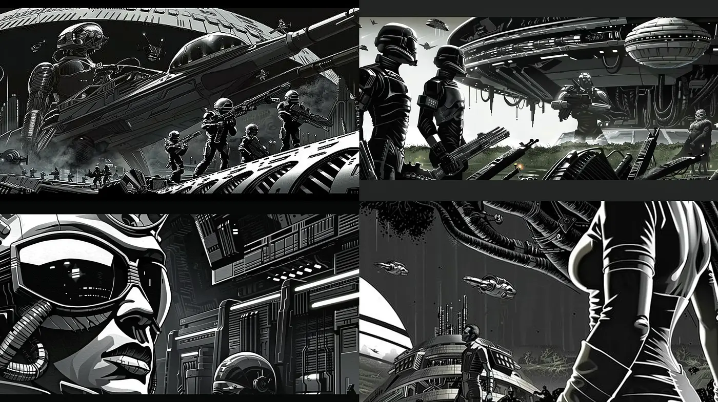 Monochromatic Futuristic Sci-Fi Panoramas - Midjourney sref style