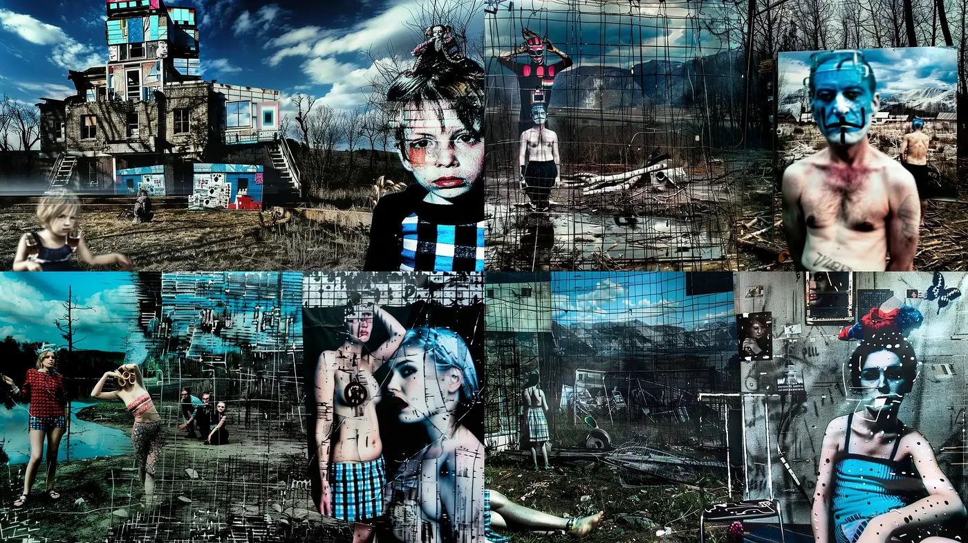 Dystopian Disarray: A Collage of Digital Decay and Surrealism - Midjourney sref style