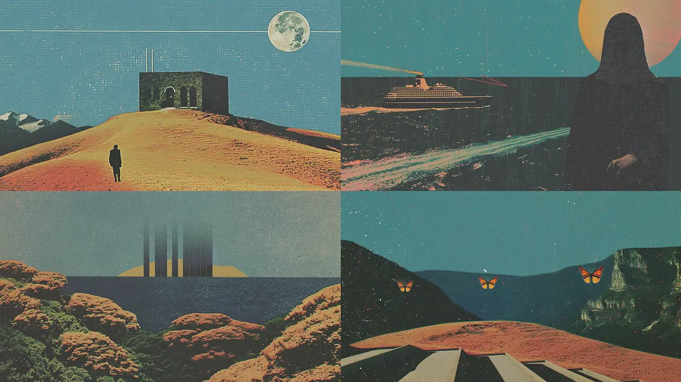 Retro-Futuristic Dreamscape with Textured Twilight Hues - Midjourney sref style