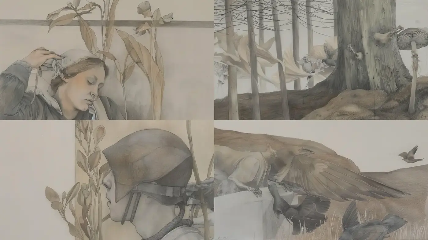 Contemplative and evocative art showcasing the interplay of human figures with nature - Midjourney sref style