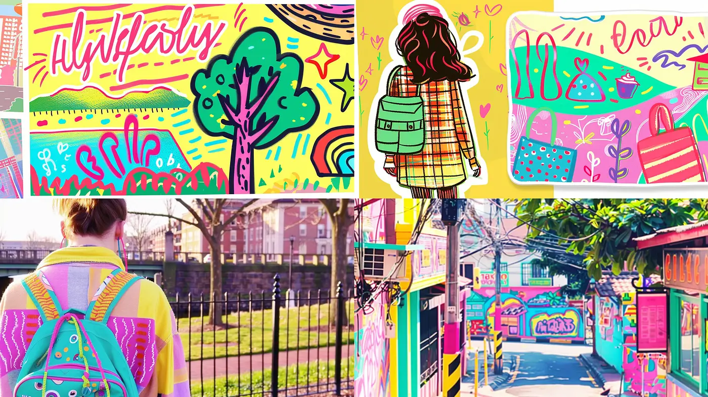 Vibrant Dreamscape of Stylized Street Art and Filtered Reality - Midjourney sref style