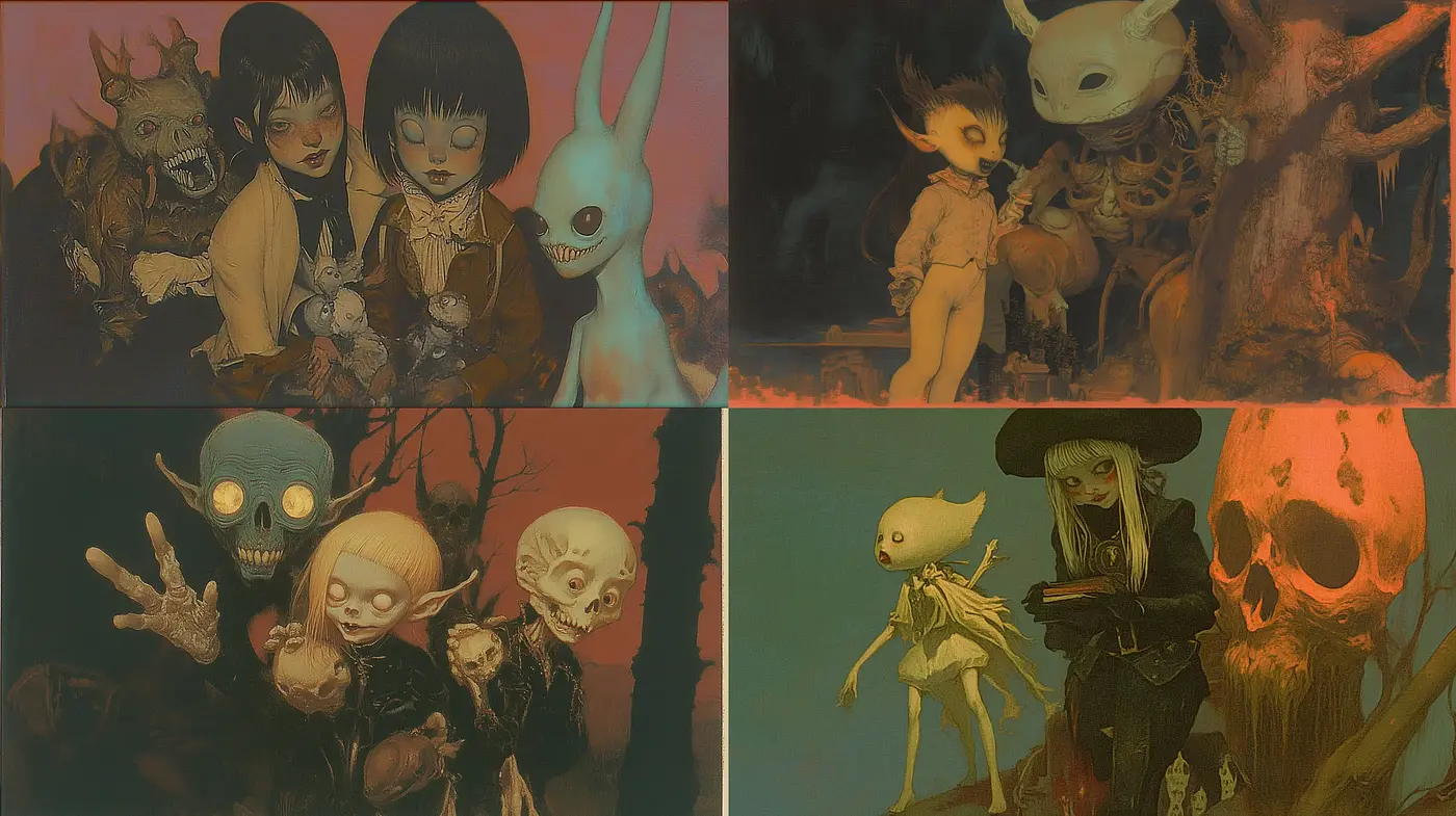 Eerie Surrealism Meets Dark Fantasy: A Harmonic Convergence of Macabre Tones and Creatures - Midjourney sref style