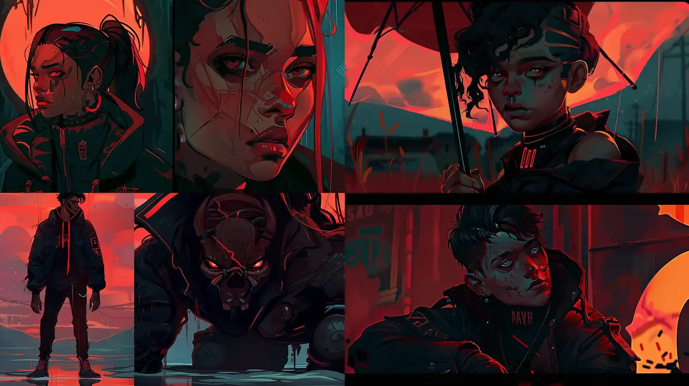 Futuristic cyberpunk visuals with an edgy urban vibe - Midjourney sref style