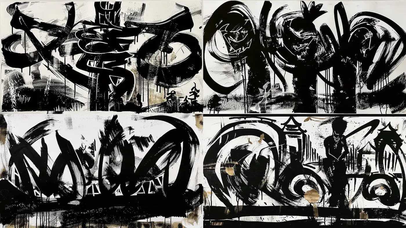 Dynamic black and white abstract expressionism with a bold, energetic vibe - Midjourney sref style