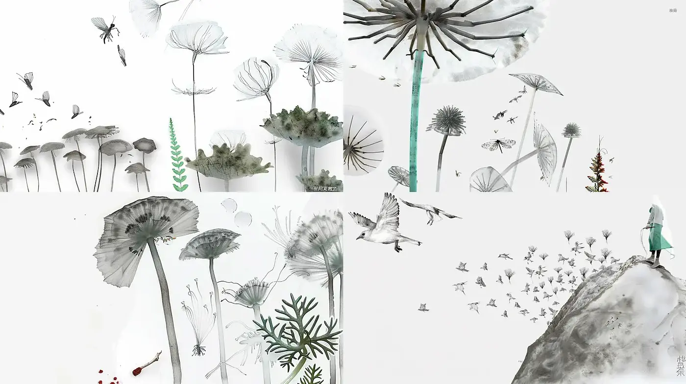 Ethereal Botanical Landscapes with a Whimsical Touch - Midjourney sref style
