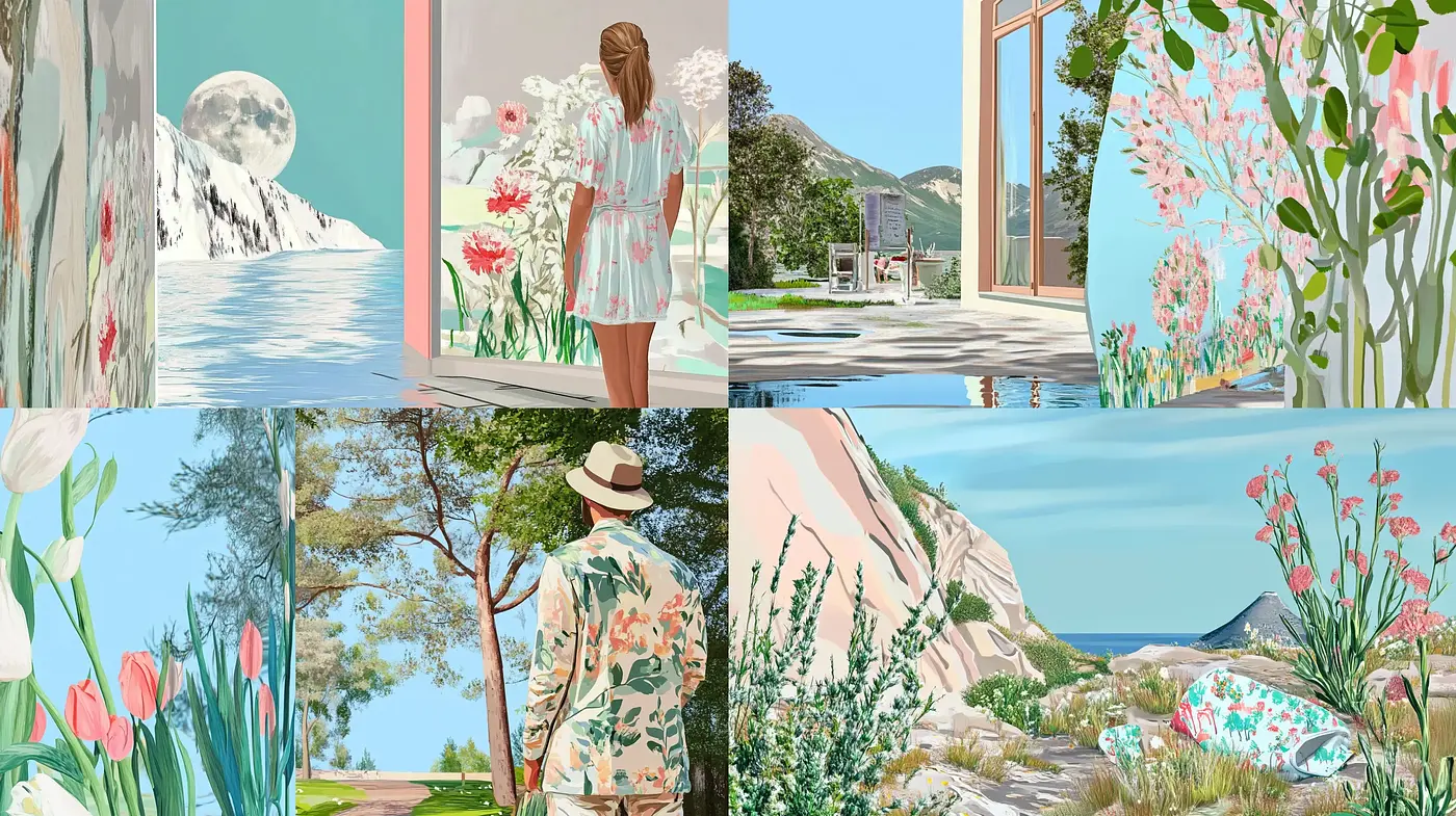 Serene Pastoral Vistas with Soft Textures and Florals - Midjourney sref style