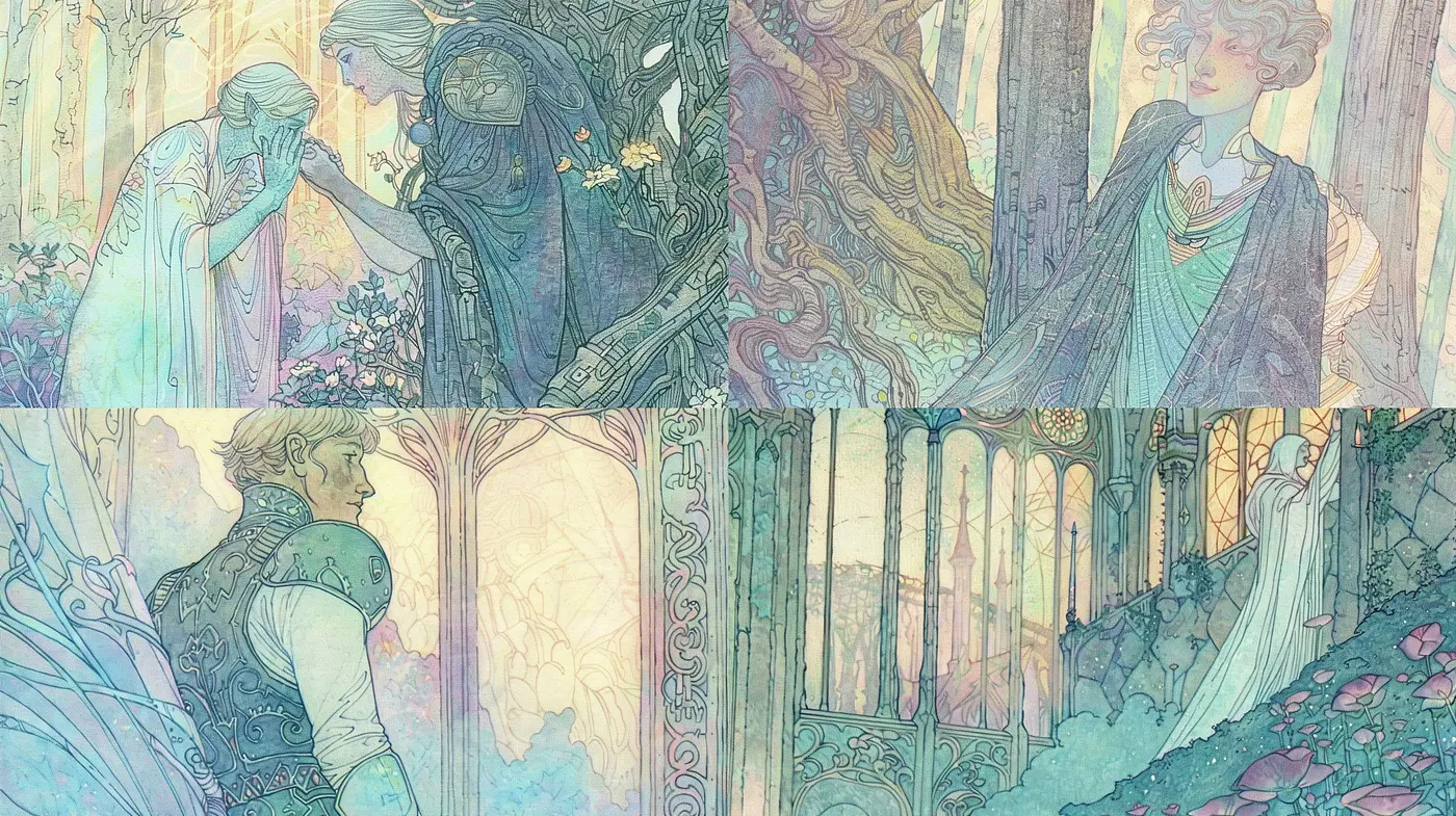 Ethereal Art Nouveau Dreamscape with Pastel Tones and Mythical Elegance - Midjourney sref style