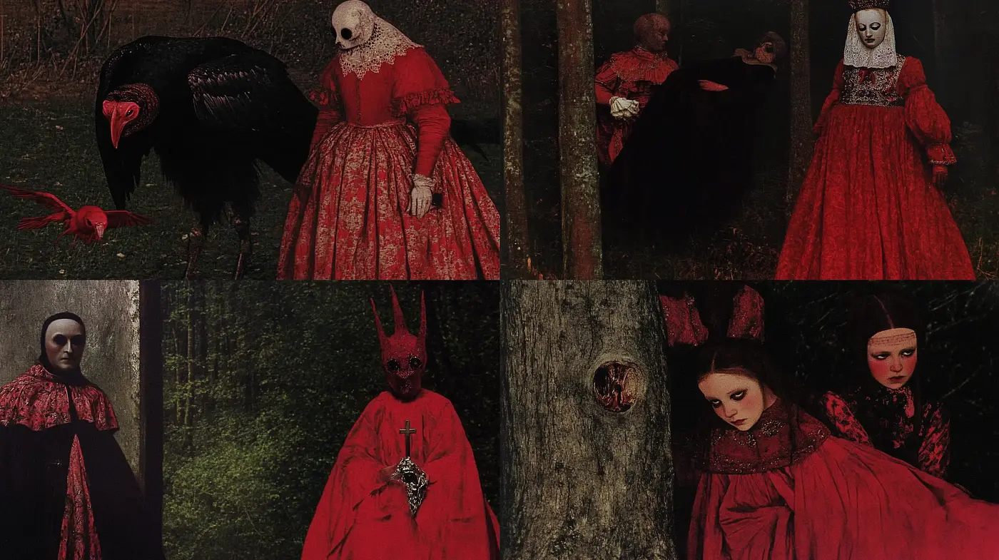 Gothic Elegance with a Surreal Twist in a Dark Forest - Midjourney sref style