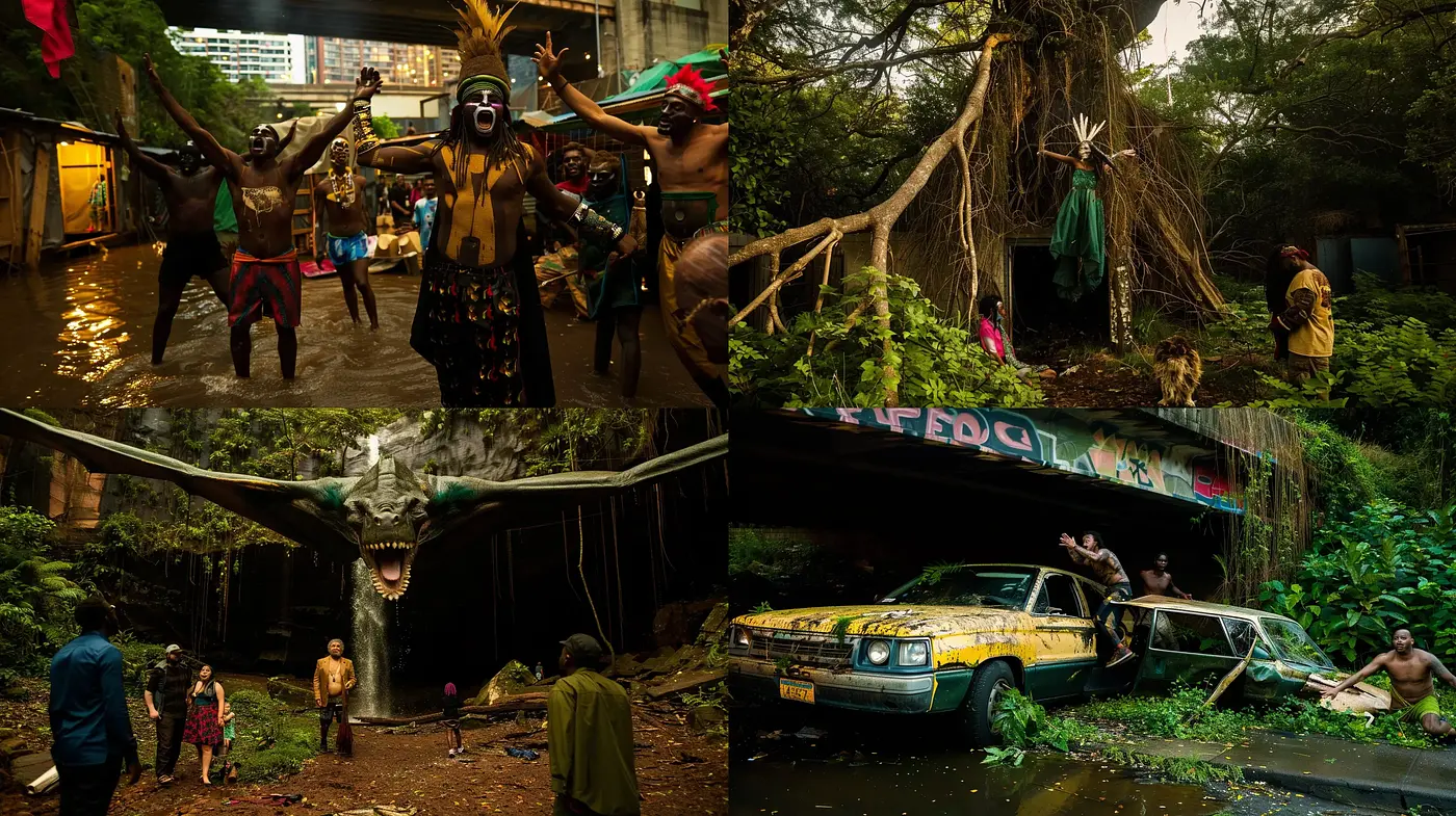 Post-apocalyptic Urban Jungle: A Vivid Tableau of Survival and Resilience - Midjourney sref style