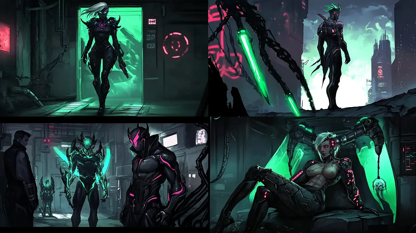 Neon-Noir Dystopian Panorama: Homage to Cyberpunk Aesthetics - Midjourney sref style