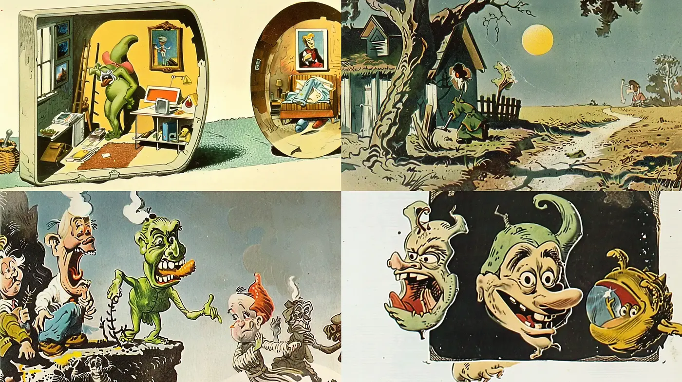 Consistently Whimsical and Retro-Inspired Illustration Ensemble - Midjourney sref style