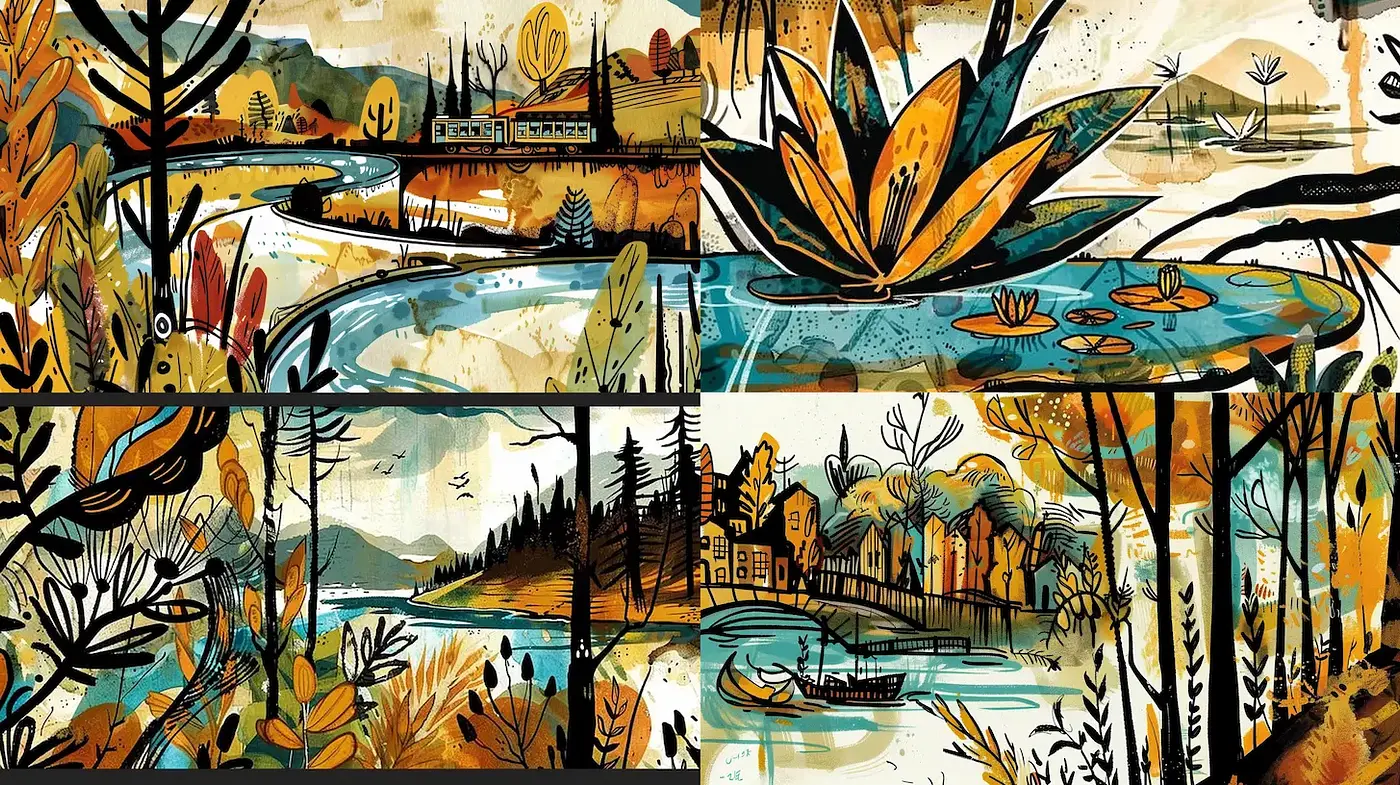 Playful and Lively Illustrative Landscapes with Nature Motifs - Midjourney sref style