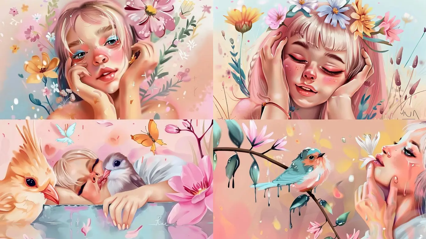 Harmonious Pastel Dreamscape: A Multifaceted Blend of Soft Hues and Tender Expressions in Art - Midjourney sref style