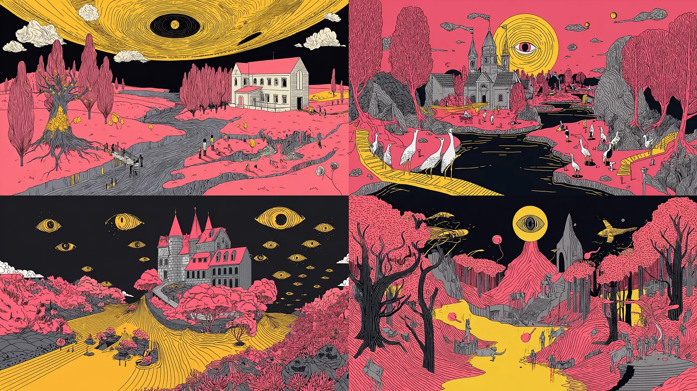 Surreal Landscapes with Bold Color Contrasts and Intricate Lines - Midjourney sref style
