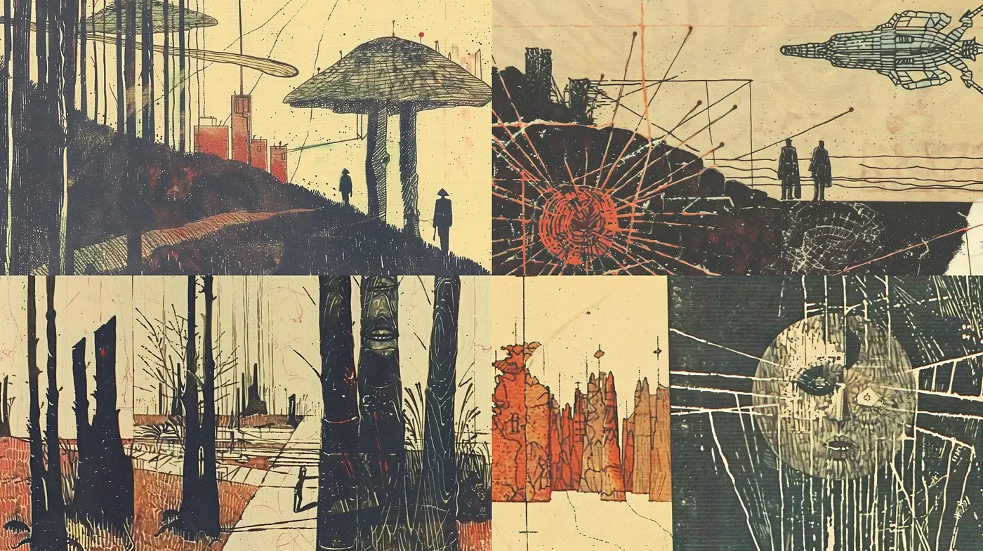 Dystopian Retro-Futuristic Crosshatch Narratives - Midjourney sref style