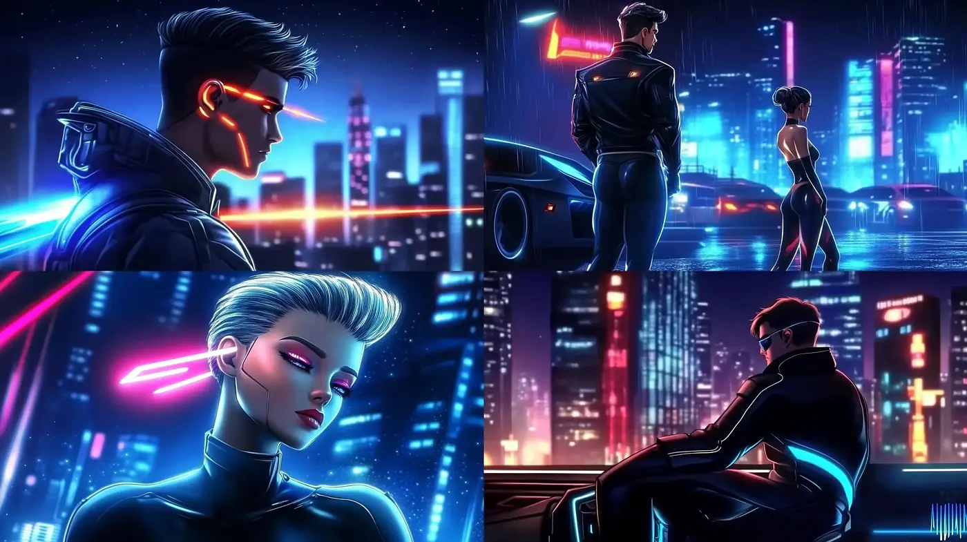 Neon Noir Fusion: A Synthesis of Cyberpunk Aesthetics and Neon-Infused Romanticism - Midjourney sref style